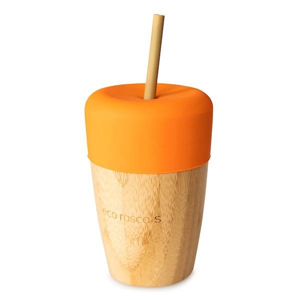 Bambusový kelímek se silikonovým víèkem a slámkou 240 ml oranžová